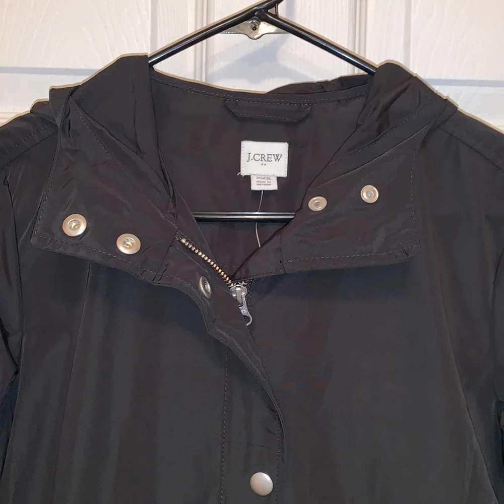 J. Crew Black Hooded Raincoat Drawstring Waist. Zip Snap Front Pockets. NWT - Picture 3 of 11